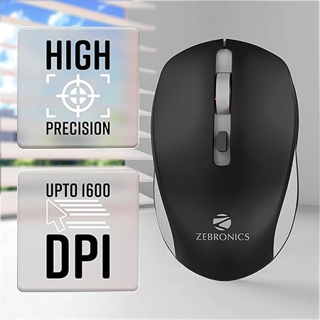 ZEBRONICS Zeb-Jaguar Wireless Mouse, 2.4GHz with USB Nano Receiver, High Precision Optical Tracking, 4 Buttons, Plug & Play (Black+Grey) - Image 3